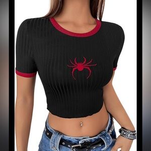 Cropped spider embroidered top - black with red contrast trim ribbed fitted
